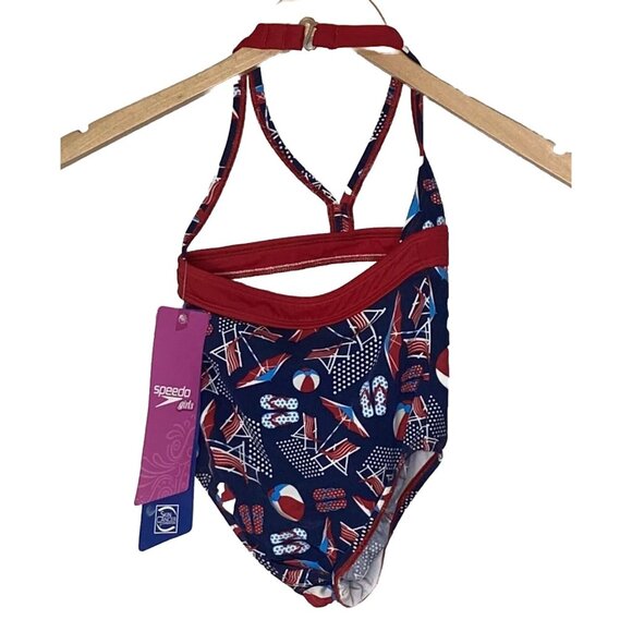NWT Speedo Girls One Piece Swimsuit Blue Red Beach Size 5 - Picture 2 of 9